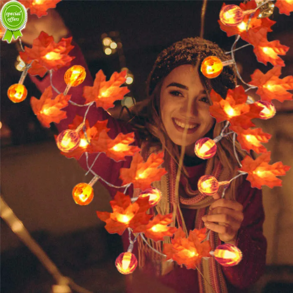 Artificial Autumn Maple Leaves Pumpkin Garland Led Fairy Lights for Christmas Decoration Thanksgiving Party DIY Halloween Decor