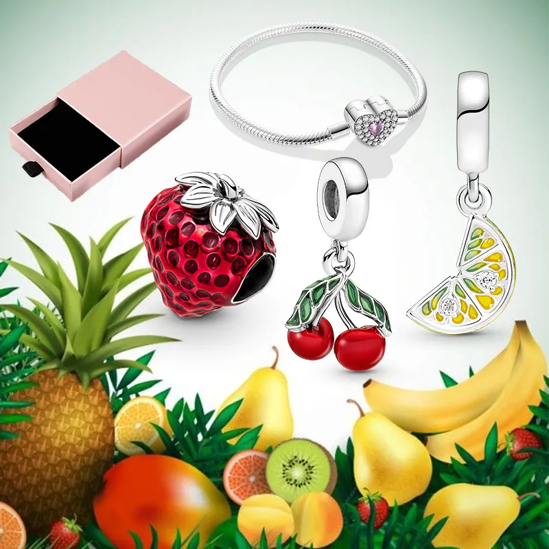 925 Silver Fit Pandora Charm 925 Bracelet Lemon Cherry Charms Set Pink Heart Bracelet plata de ley 925 Fruit Pineapple charms set Pendant DIY Fine Beads Jewelry