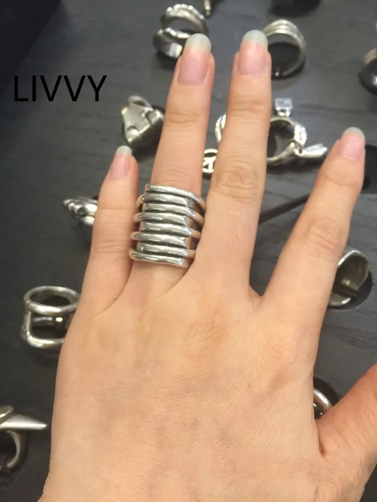 LIVVY Silver Color Vintage Layered Open Rings For Women Men Adjustable Large Irregular Finger Rings Party Jewelry Gift