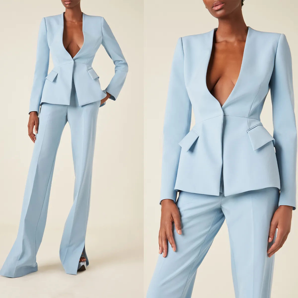 Bleu ciel femme Blazer ensembles Slim Fit sur mesure bureau dame deux pièces simple boutonnage vêtements d'affaires