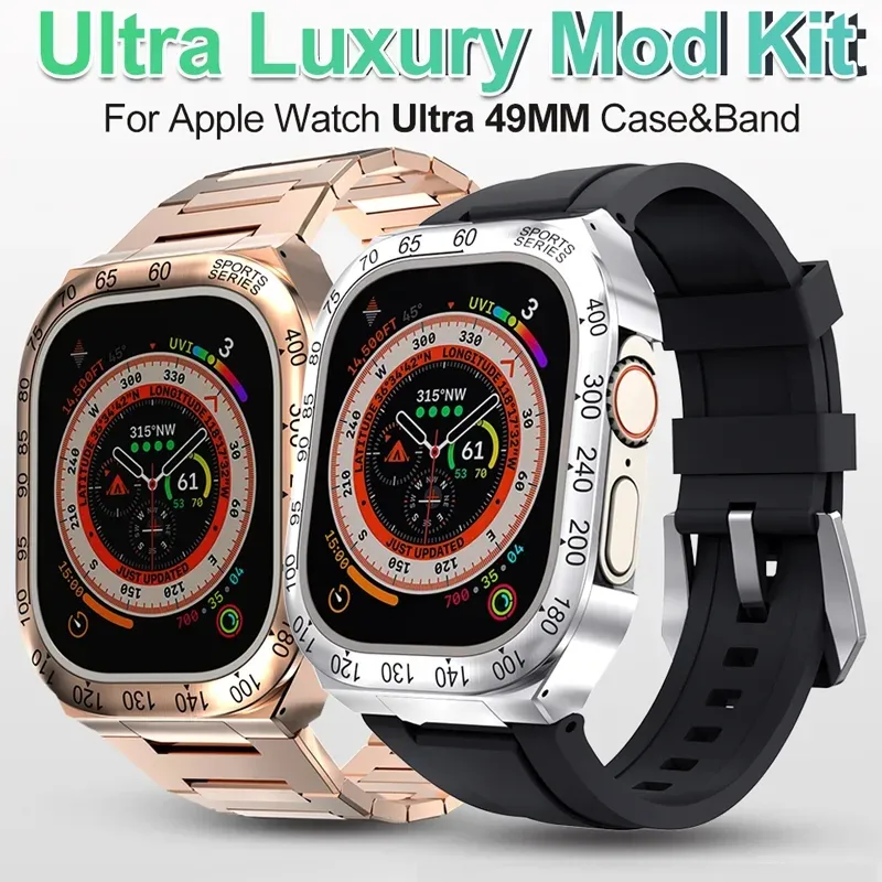 Lyxigt 49MM Mod Kit Metallfodral för Apple Watch Band Ultra 49Mm Modifiering gummirem för Iwatch Series Sport Brecelet för män