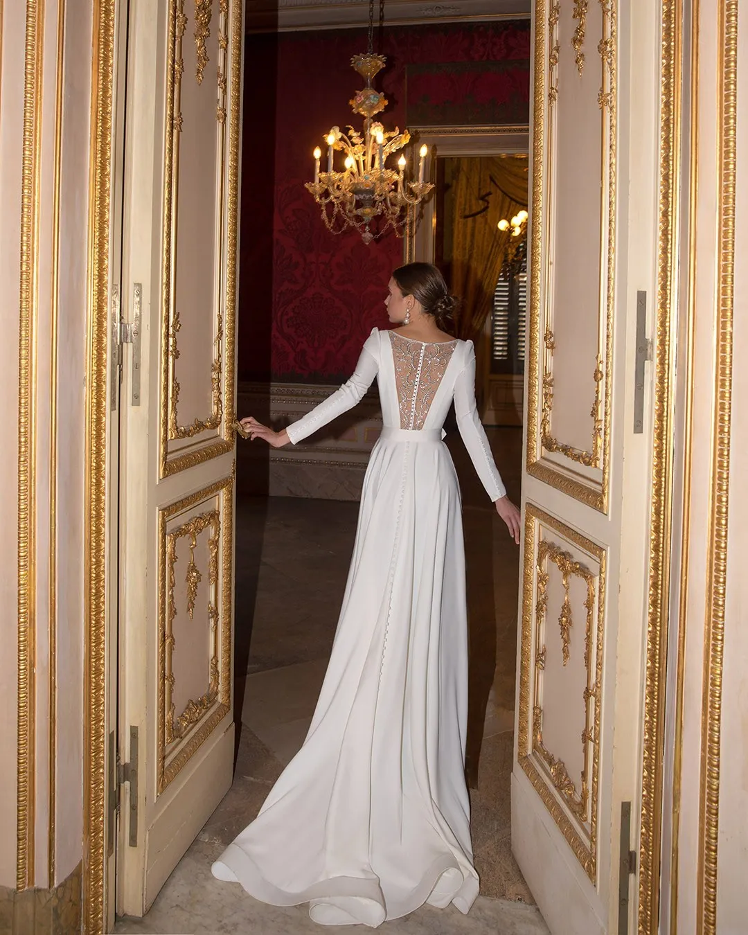 White Satin Long Sleeve Bateau Button Back Sweep Train Wedding Dress White Satin Long Sleeve Bateau Button Back Sweep Train Wedding Dress