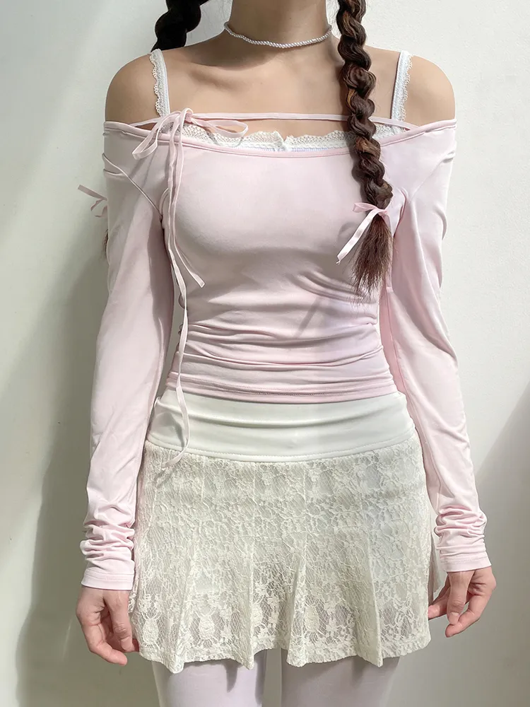 Sweet Lace-up Slash Neck T-shirt Rosa Kawaii Tops de manga comprida Primavera Casual Y2K Tops estéticos Roupas fofas coreanas 2023
