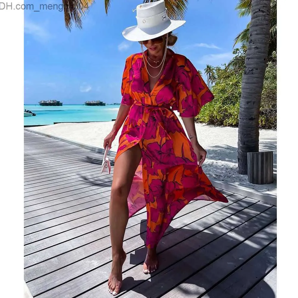 Dambadkläder Dambadkläder Dambaddräkt Cover Up Långärmad Kaftan Beach Tunikaklänning Robe De Plage Tryck Chiffong Pareo Strandkläder med hög krage Z230704