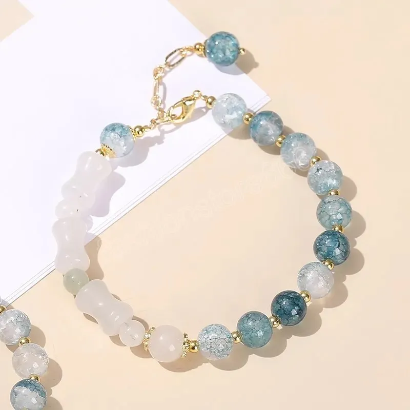 Natural Blue Popcorn Crystal Ice Green Jade Bamboo Beads Chain Adjustable Bracelet Women Fashion Sweet Style Crystal Jewelry