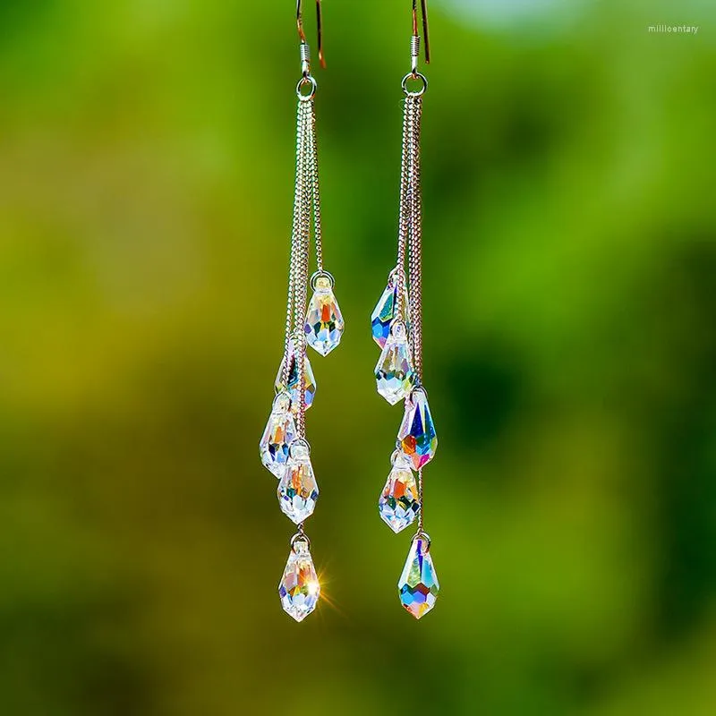 Boucles d'oreilles pendantes étincelantes colorées goutte d'eau cristal gland chaîne pour les femmes mode goutte d'eau fête de mariage anniversaire bijoux cadeau