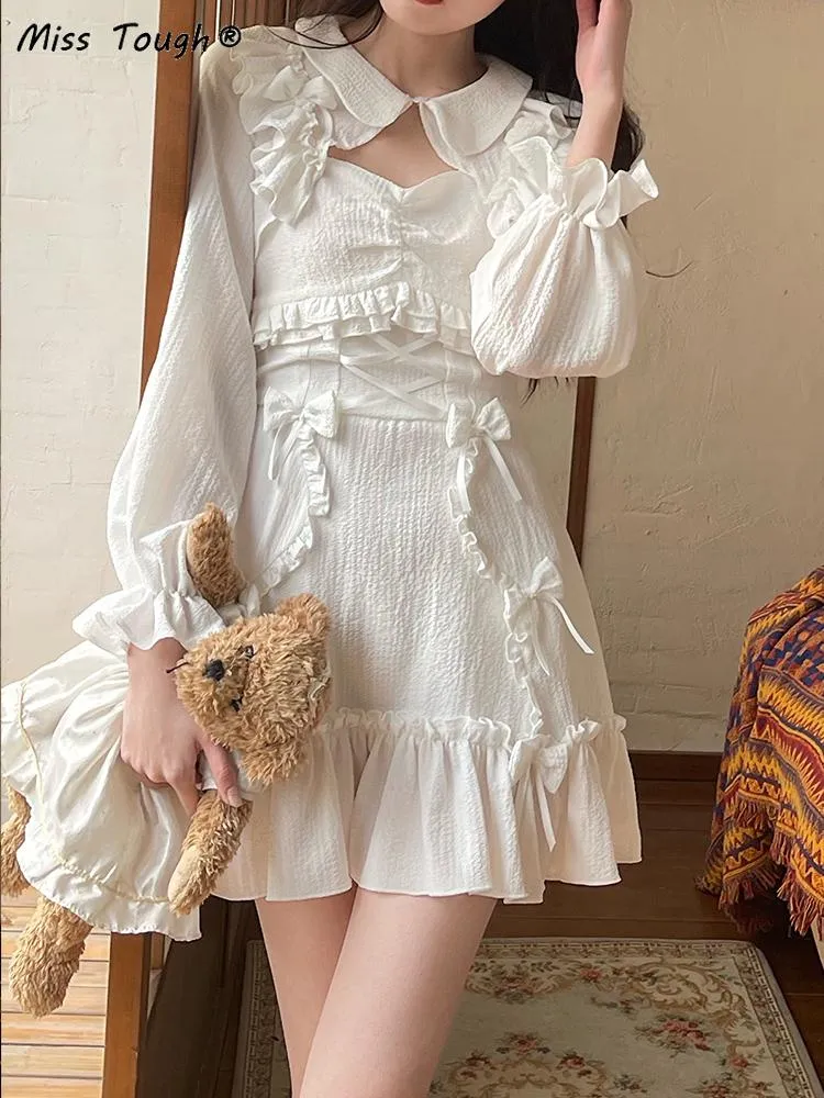 Dresses White Korean Style Sweet Lolita Dress Women Bow Cute Kawaii Party Mini Dresses Female Japanese Princess Strap Dresse Summer 2022