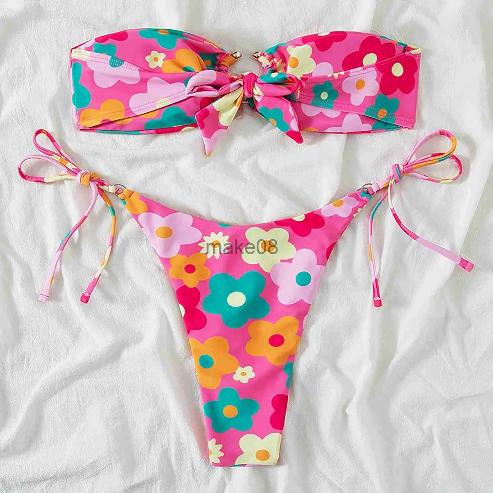 Women's Swimwear Sexy Floral Bikini Women Pink Strapless Low Waist Swimwear Swimsuit 2 Pieces Bathing Suit Biqiuni J230704