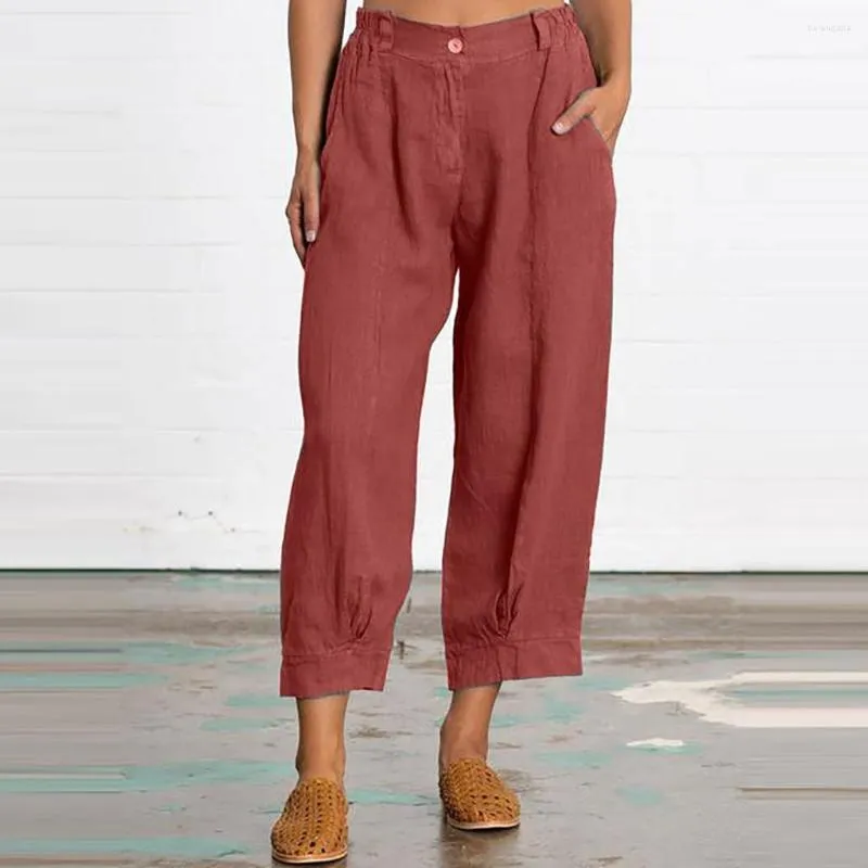 Pantaloni da donna estivi in cotone e lino tagliati da donna larghi tasca solida stile giapponese pantaloni in vita elastici moda casual 2023