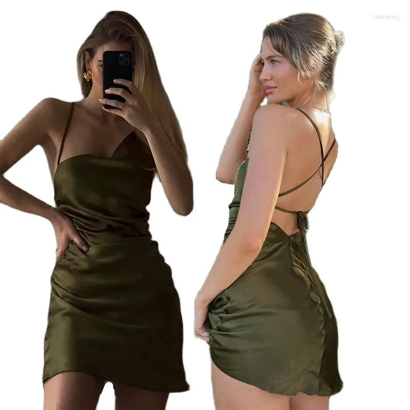 Vestidos Casuais Verão Feminino Cetim Vestido Bodycon Assimetria Alça Espaguete Costas Sem Costas Lace Up Sexy Lady Festa Boate Mini Vestido