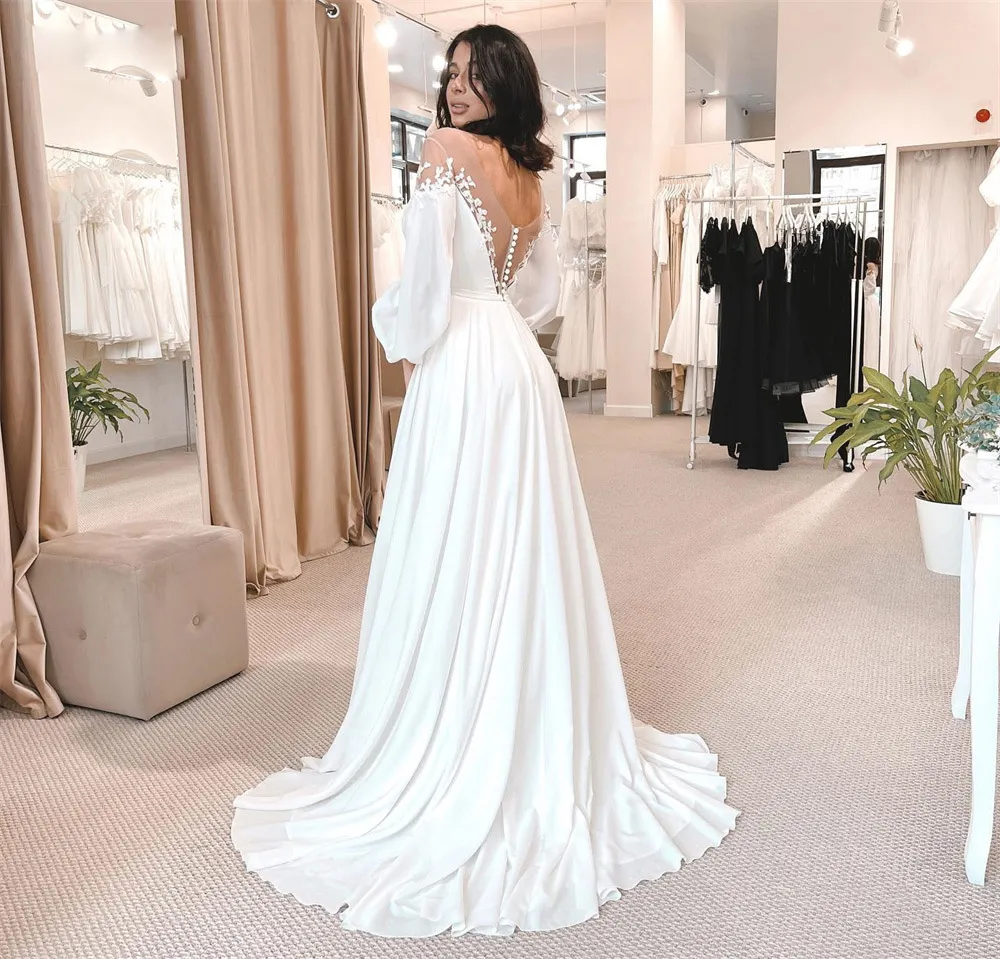 Modern Sheer Chiffon A-Line Bridal Dress with Puffy Sleeves, Lace Appliques, and Empire Pleats for Pregnant Women