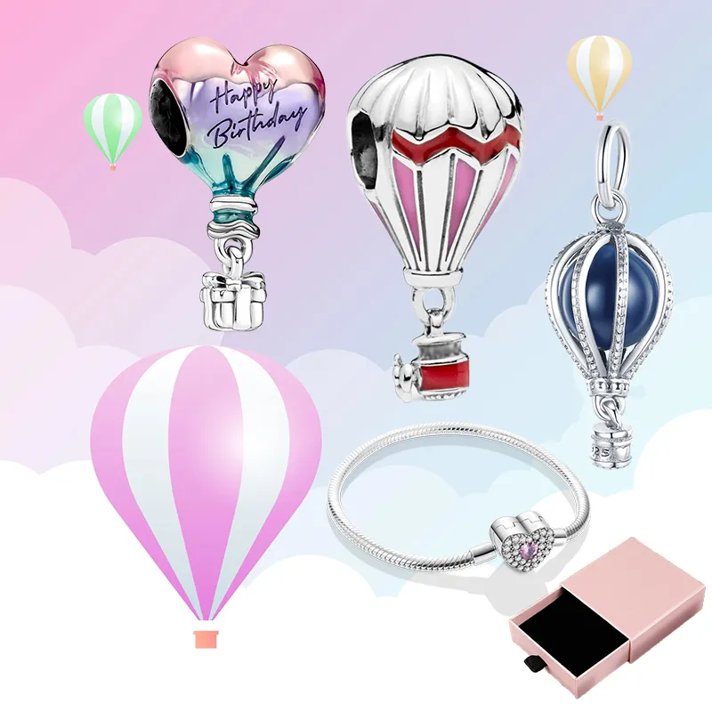 925 Silver Fit Pandora Charm 925 Bracelet Colorful Hot Air Balloon Charms Set Pink Heart charms set Pendant DIY Fine Beads Jewelry