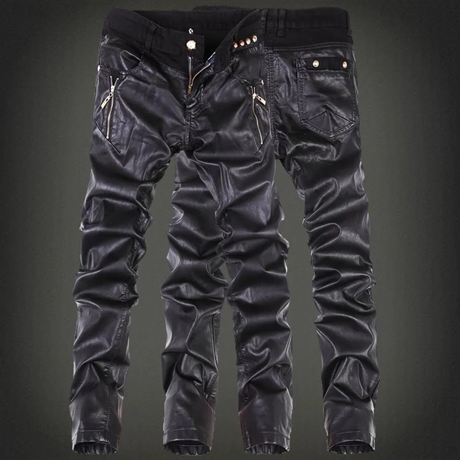 Hele-koreaanse Mode cool Mens rock lederen broek Zwart faux Strakke skinny Plus size 30 31 32 33 34 36 Punk trousers319V