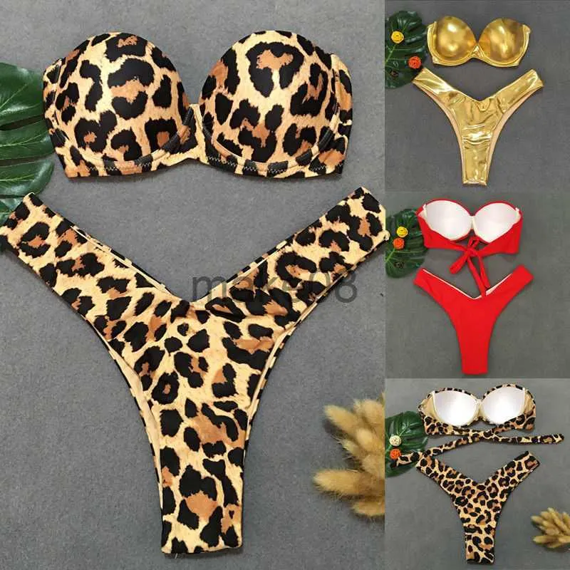 Costumi da bagno da donna 2020 Bikini Costume da bagno Donna Fasciatura Pushup Reggiseno imbottito Costume da bagno stampato leopardo Costumi da bagno a triangolo Abiti a due pezzi J230704