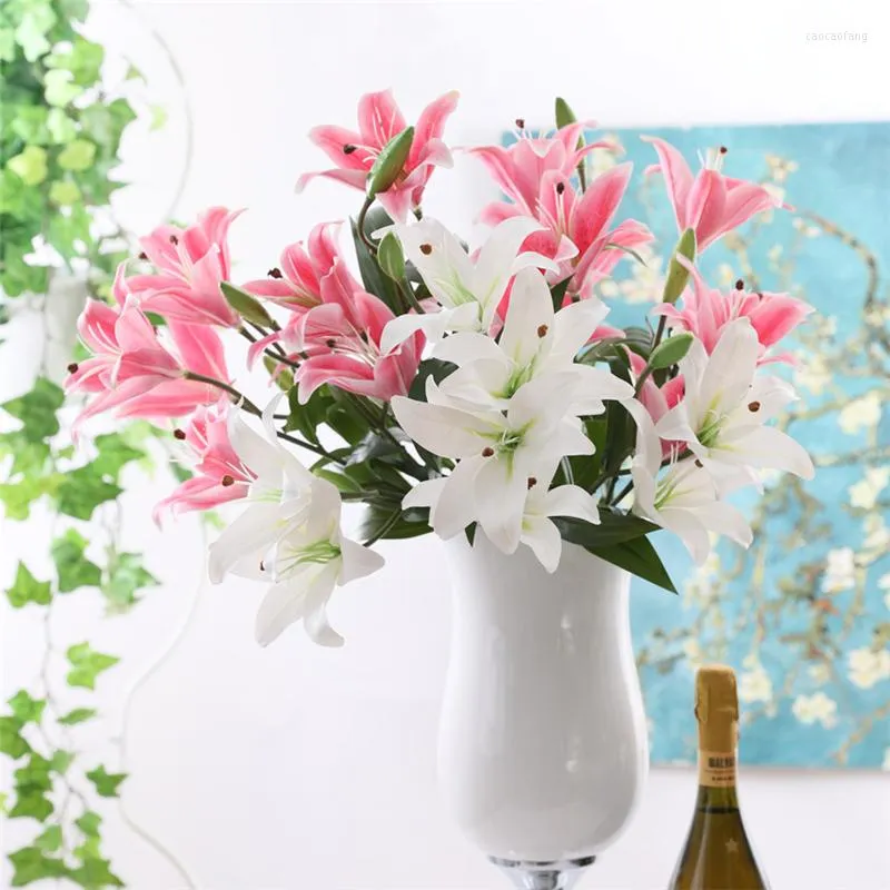 装飾花模擬フレッシュピンクライトイエローユリブーケ人工植物盆栽サルスベリホームパーティー結婚式の装飾