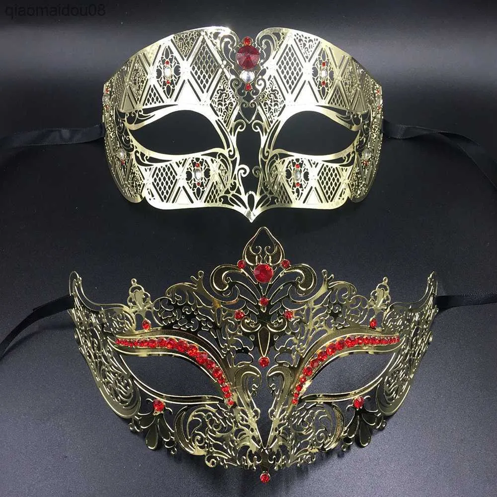 Paar Männer Frauen Metall Filigrane Maskerade Maske Venezianisches Kostüm Abschlussball Party Ball Gold Rot Strass Party Maske L230704