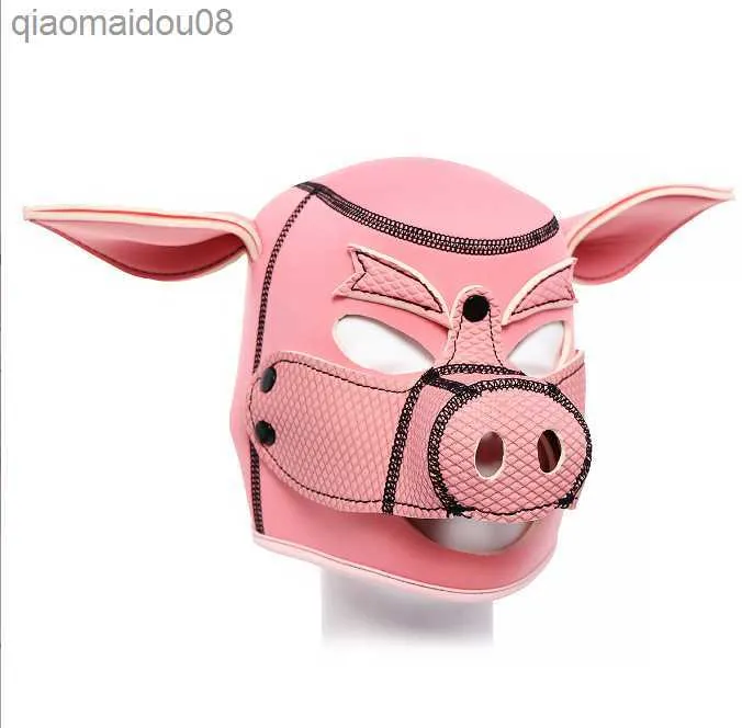 Pink Pig Mask Sexy Cosplay Role Play Pig Full Head Mask Soft PU Leather Puppy Hood stage performance props L230704