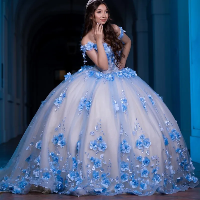 light blue quinceanera dresses Dancing Queen 5005 Long Dress Bahama / XLarge and enchanting 3D butterflies Light Sky Blue Quinceanera Dresses