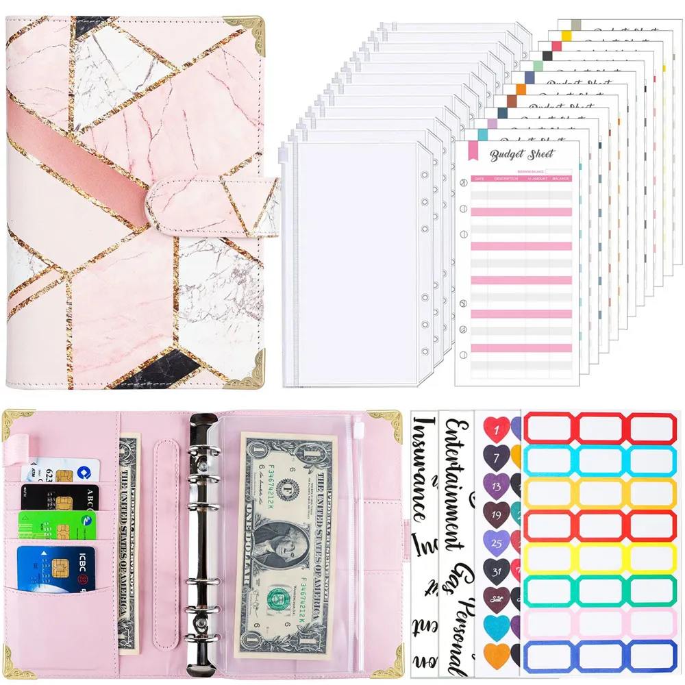 Blocos de Notas A6 Organizador de Orçamentos Fichário Sistema de Envelopes de Dinheiro Caderno de Folhas Soltas Diy Journal Planejador de Agenda com Bolso com Zíper Folha de Despesas 230703