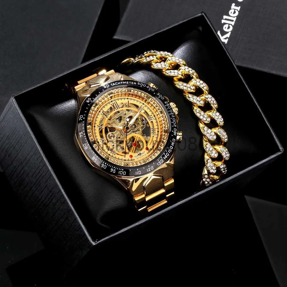 ساعة معصم سوار Golden Men للرجال مجموعة أفضل العلامة التجارية الشرير التلقائي الهيكل العظمي الميكانيكي ES حزام الصلب أفضل الهدايا لأبي 0703