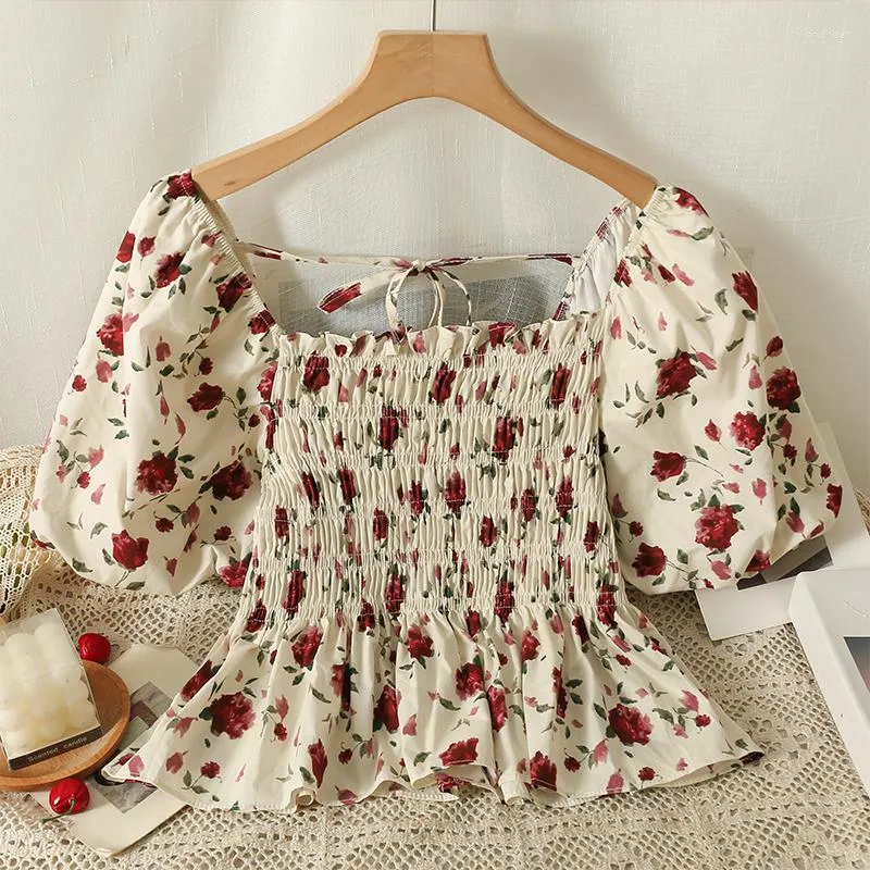 Women's Blouses Womens Tops And Cherry Printed Square Collar Blusas Femininas Lace-up Puff-sleeve Blouse Peplum Korean Fashion Dropship