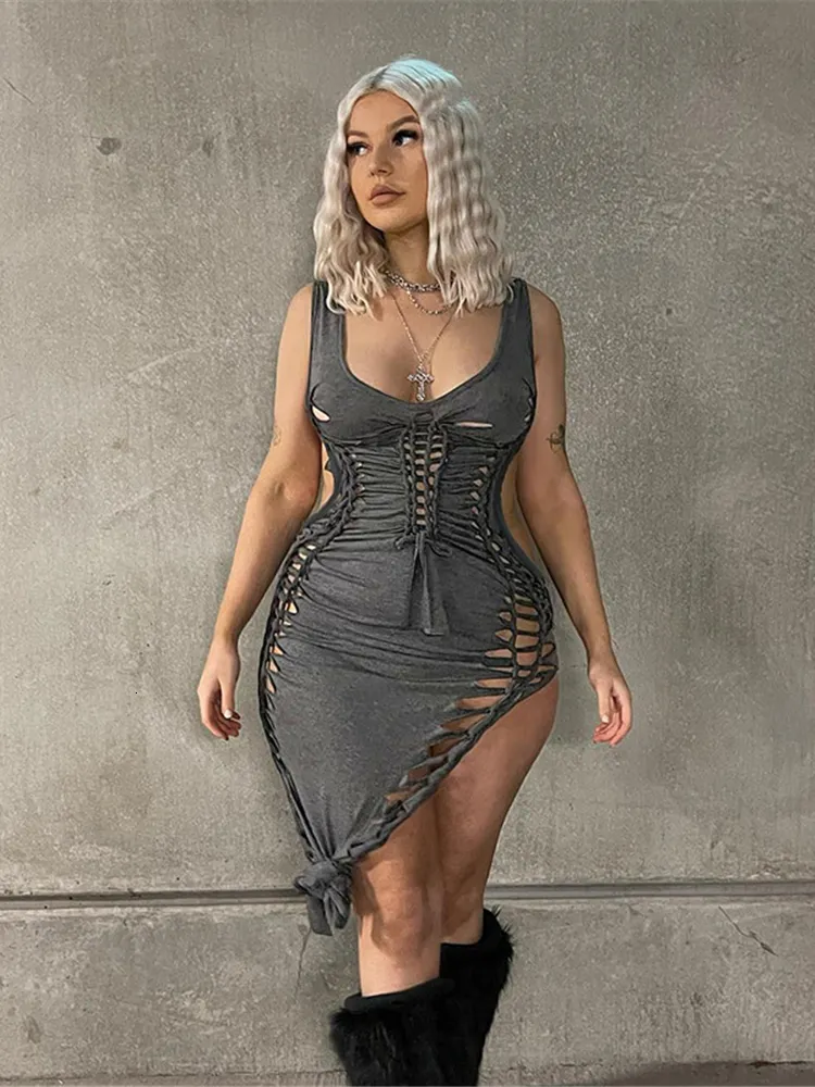 Kliou Y2K Mini Dress - Sexy Hollow Out with Elastic Black drawstring Bandage and Irregular Shirring for Casual, Bodycon, Birthday Party, Clubwear - Kliou Y2K Mini Dress - Sexy Hollow Out with Elastic Black drawstring Bandage and Irregular Shirring for Casual, Bodycon, Birthday Party, Clubwear -