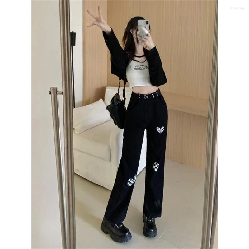 Women's Jeans High Rise Printing Casual Fashion Long Female Slim Fit Pants Ladies Denim Trousers Vintage Woman Black