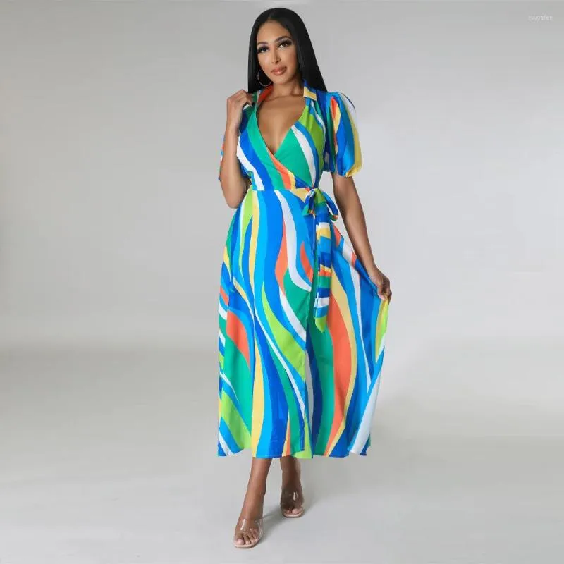 Casual Kleider Mode V-ausschnitt Puffy Kurzarm Spitze-up Langes Kleid 2023 Sommer Elegante Frauen Chic Drucke Schlanke Abend party Streetwear