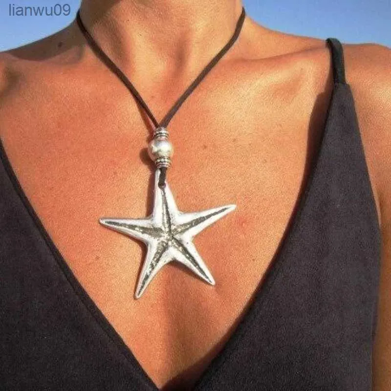 Beach Vacation Exaggerated Starfish Silver Color Metal Pendant Necklaces for Women Trendy Retro Leather Cord Creative Jewelry L230704