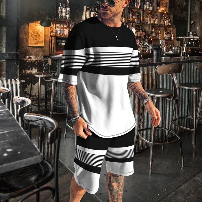 남자의 트랙 슈트 여름 남자는 스포츠웨어 3D 프린트 짧은 슬리브 스트리트 셔츠 셔츠 세트 트랙 슈트 세트 2 피스 의류 230703