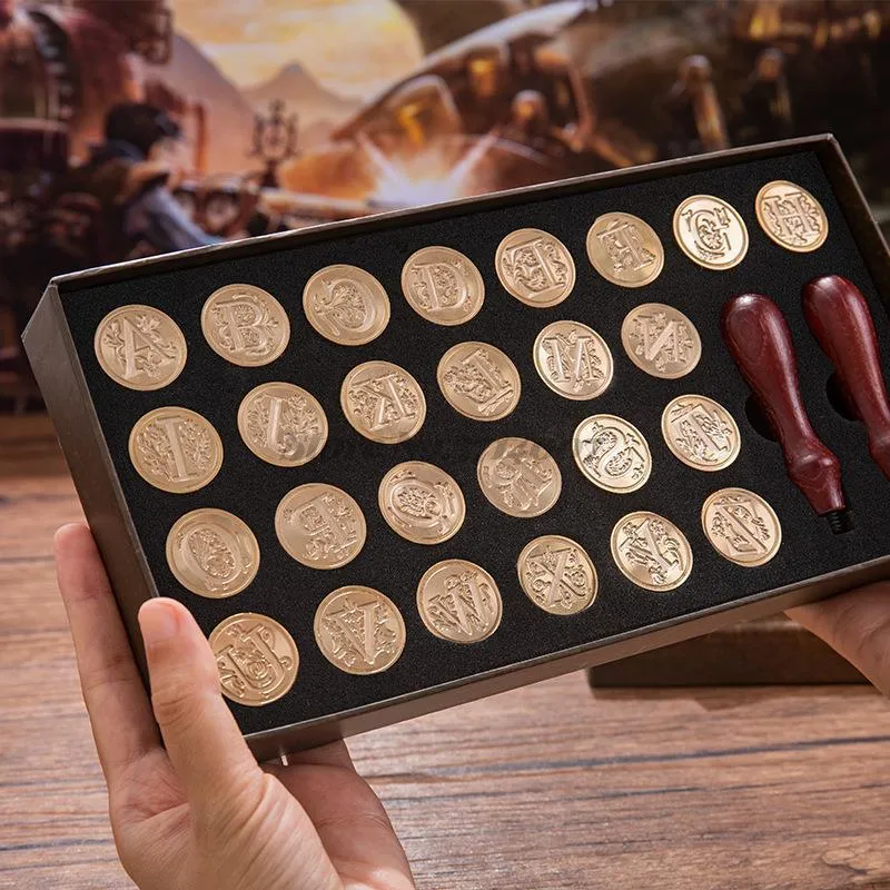 Stamps 26 pcs Letter Alphabet Set Wax Seal Stamp Map Box Retro Wood Classic Decoration Valentine's Birthday Wedding Invitation Antique 230704