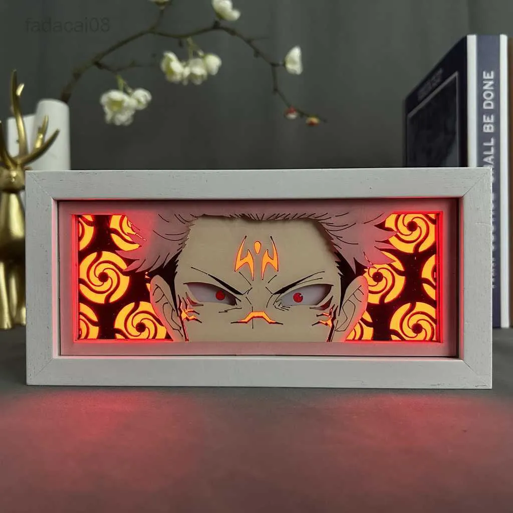 Lampki nocne Anime podświetlana tablica Jujutsu Kaisen Sukuna Yuji Itadori oko twarz do wystroju pokoju Lightbox Manga 3d Papercut diy lampa stołowa drewno HKD230704