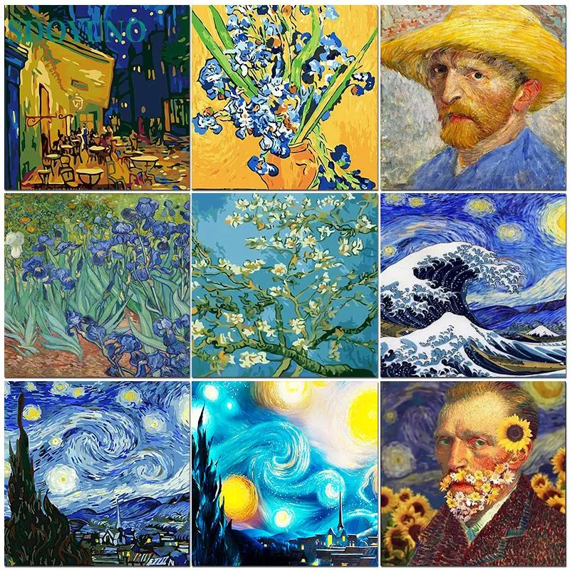 Filmer Sdoyuno Paint by Numbers For Adults Diy Digital målning Lanscape Van Gogh Flower By Numbers Kit Wall Art Handpumed Decor Gift