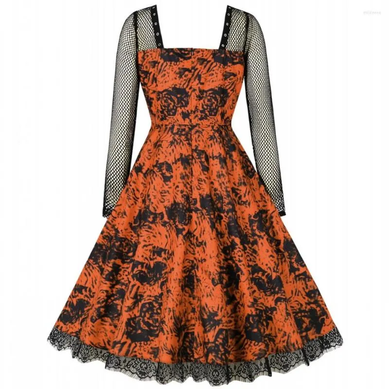 Lässige Kleider Halloween Gothic Kleid 2023 Sommer Frauen Vintage Quadratischer Kragen Eingewickelte Brust Große Größe XXL Swing Rockabilly Pin Up Retro