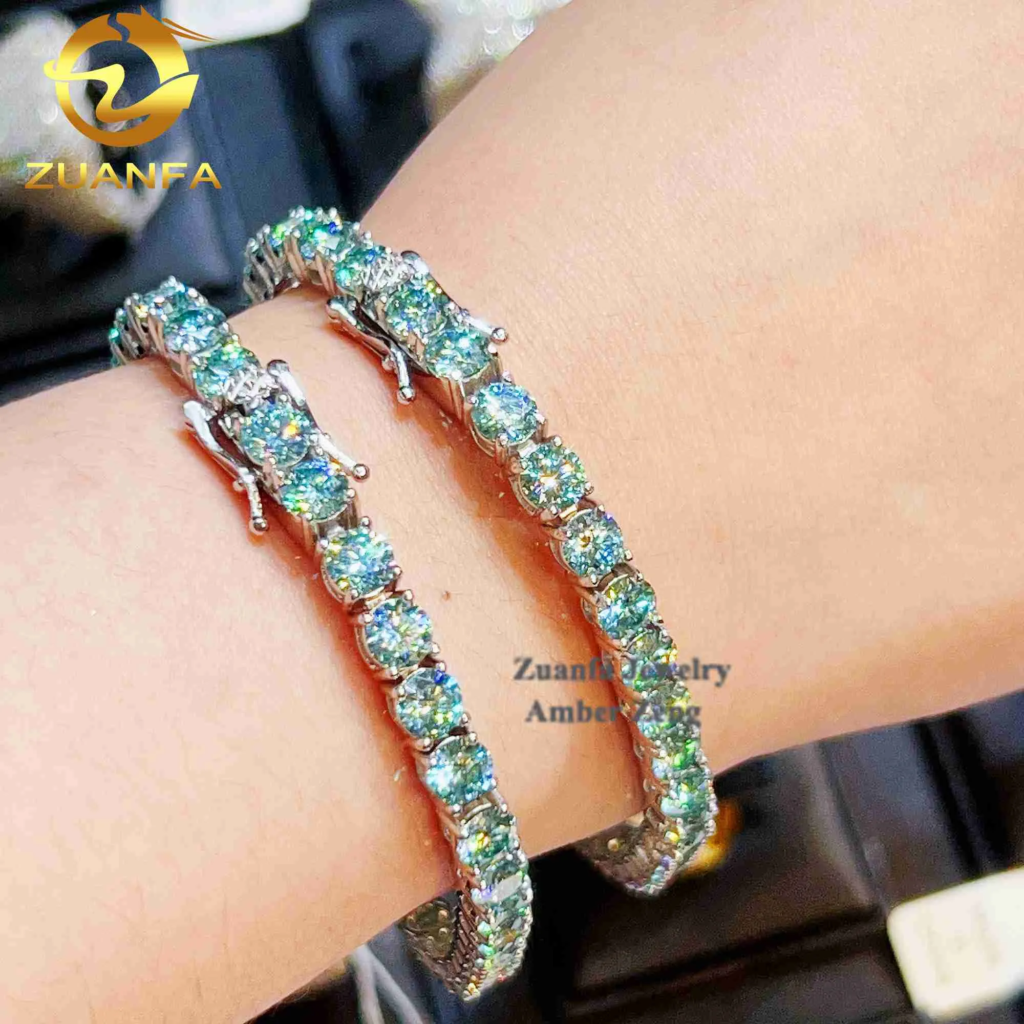 Designer Jewelry Wholesale Fashion 925 Sterling Silver Hip Hop Tennis Necklace 5mm Blue Green Color Diamond Moissanite Tennis Bracelet