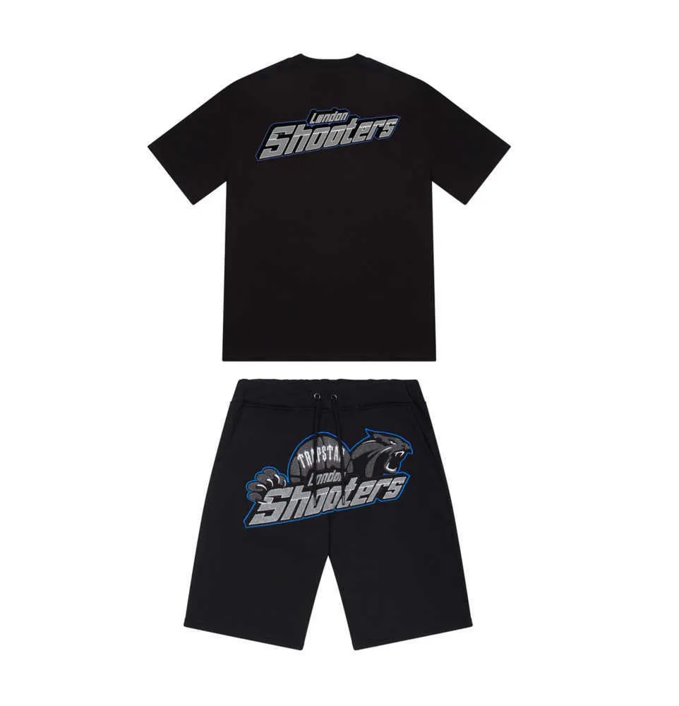 Летняя новая Trapstar London Shooter Шорт-рубашка костюм Chenille Decoding Black Ice Flavor 2,0 Мужские футболки для футболки с круглой шеей высокий дизайн 625ess