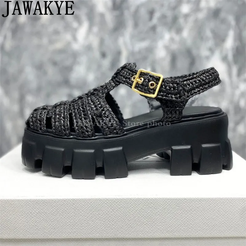 Vrouwen dik opgelicht touw rattan platform gras vlecht casual strand rome sandalen zomer punk lefu flats schoenen dames 2 95