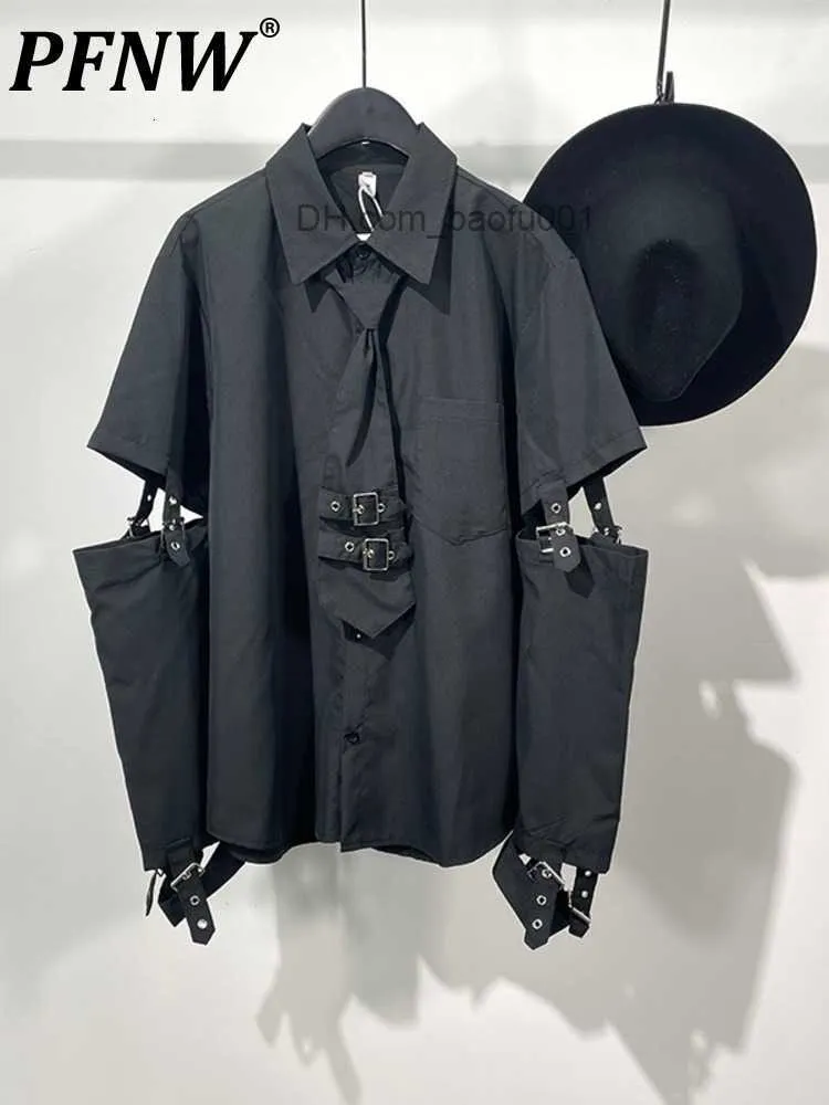 Herren-Freizeithemden, Herren-Freizeithemden, PFNW, Punk-Darkwear, High Street, Nihce-Stil, Hemd, Herren, gespleißte Ärmel, Krawatte, Freizeitoberteile, Sommer, Frühling, 230706