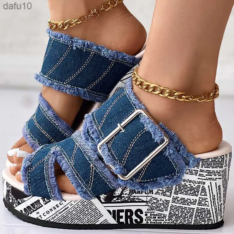 Kadın Ayakkabı Günlük Moda Tatili Günlük Giyim Yaz Gazetesi Bükülmüş Denim Kama Terlik Sandalet L230704