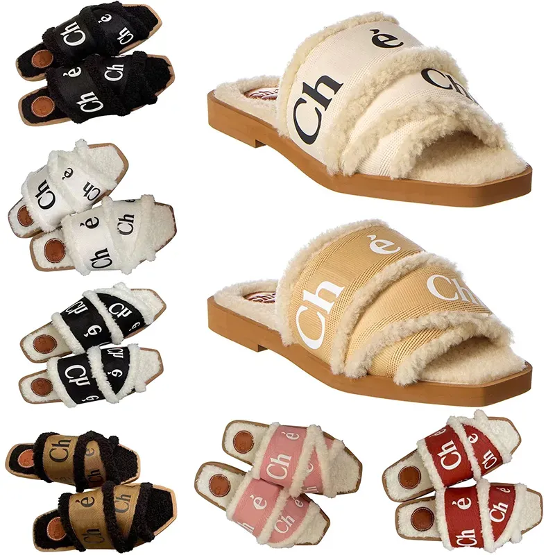 With Box Designer Canvas Slippers Sandals Shearling Slides Women Woody Mules Flat White Black Sail Womens Fashion Outdoor Beach Slipper S Rp 8654