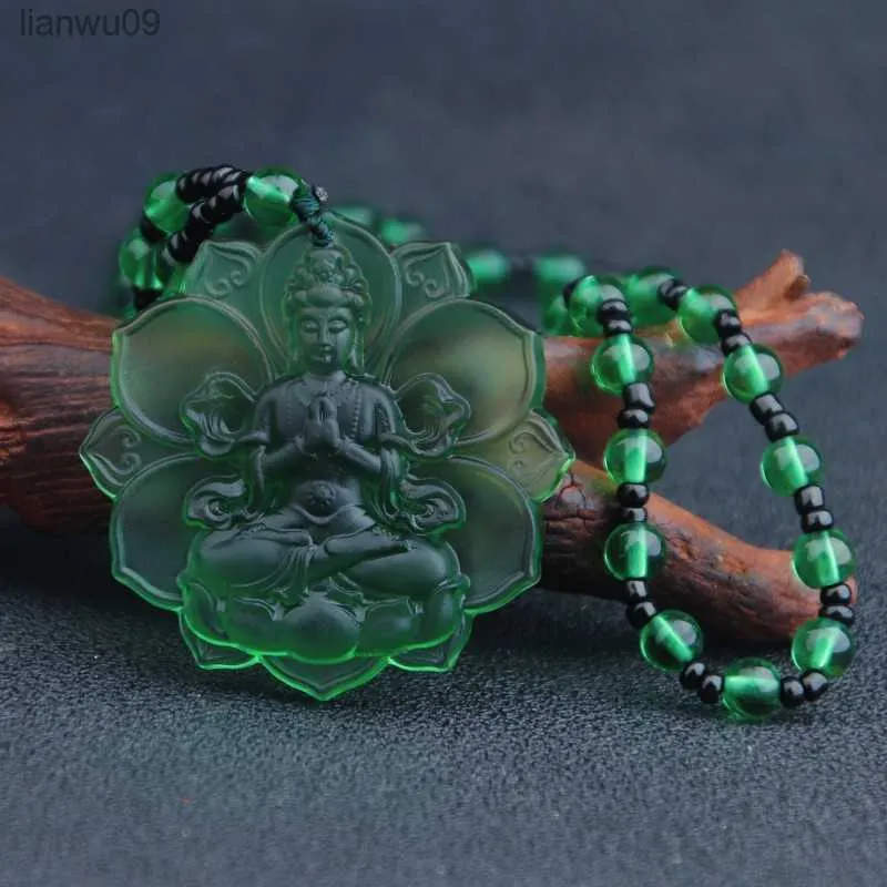 Liuli Crystal Boeddha Groene Tara Amulet Boeddha Charms Tibetaans Boeddhisme Religie Amulet Hanger Kristal Kralen Glas Ketting L230704