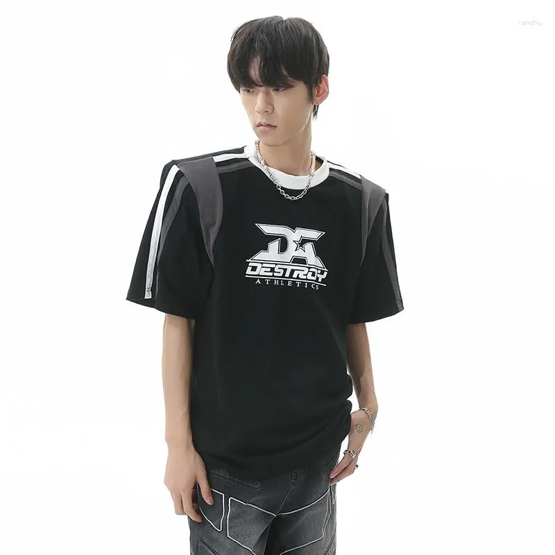 Men's T Shirts SYUHGFA Men's Fashion Printing Casual T-shirts Shoulder Pad Spliced Short Sleeve Tee Korean Style Summer Round Neck Tops