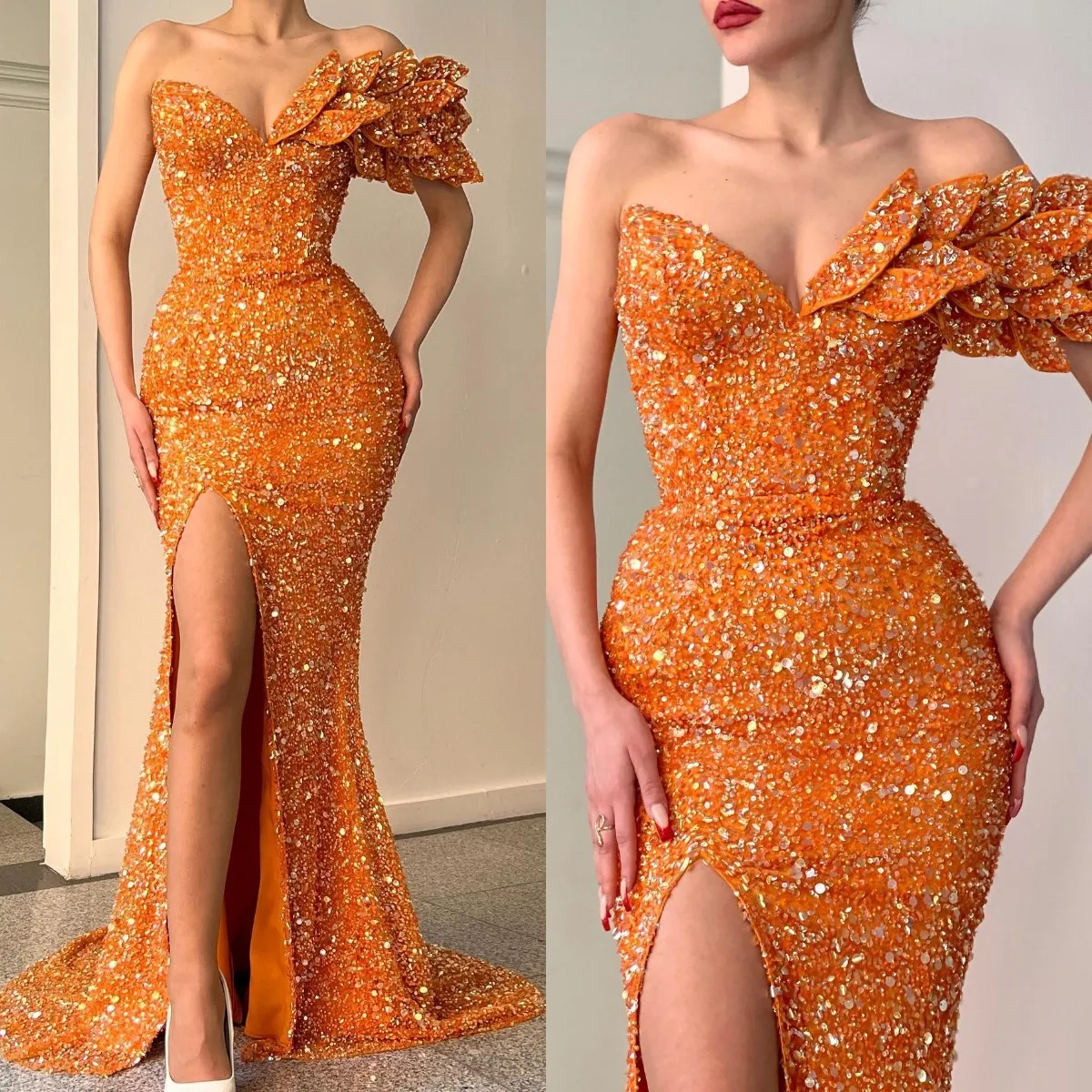 Mode Orange Paillettes Robes De Bal Chérie Robes De Soirée Plis Fente Formelle Tapis Rouge Longue Occasion Spéciale Robe De Soirée