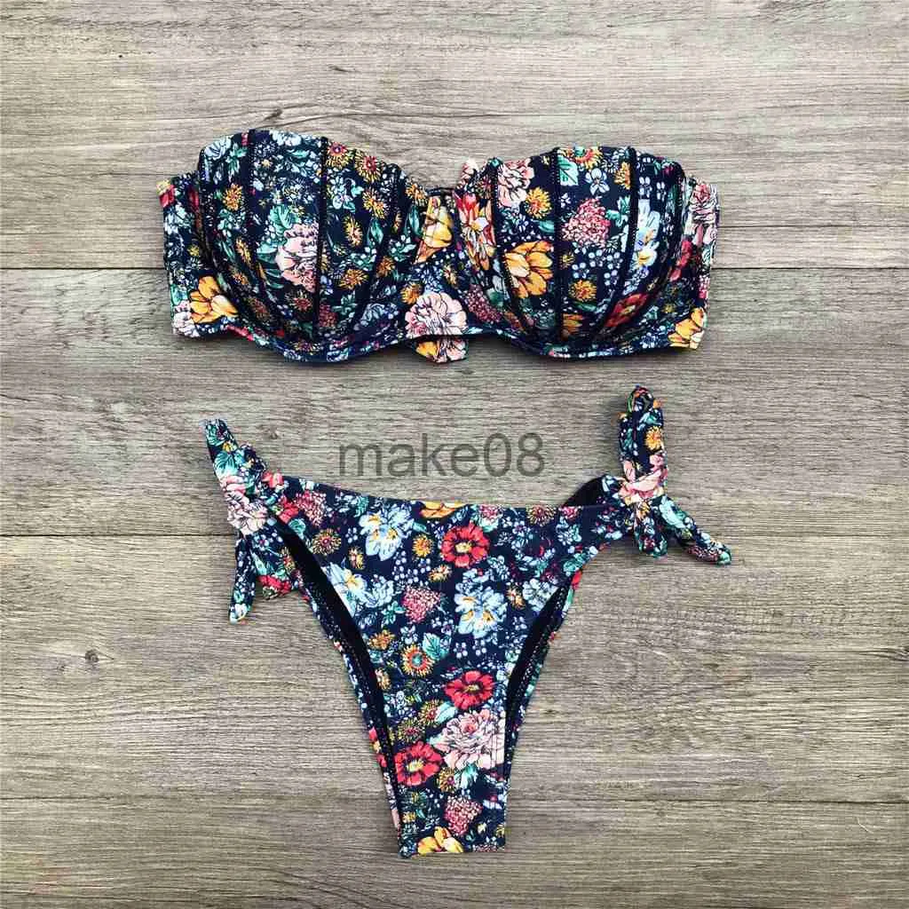 Stroje kąpielowe damskie moda kobiety seksowny strój kąpielowy bandeau kwiatowy Print wkładki laktacyjne stroje kąpielowe krawat z kokardą podzielone bikini pływanie strój kąpielowy kobieta Biquini J230704