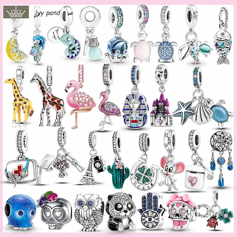 ل Pandora Charms Jewelry 925 Charm Beads Accessories Pink Flamingo Skull Bead Owl Cat Panda Charm Set P