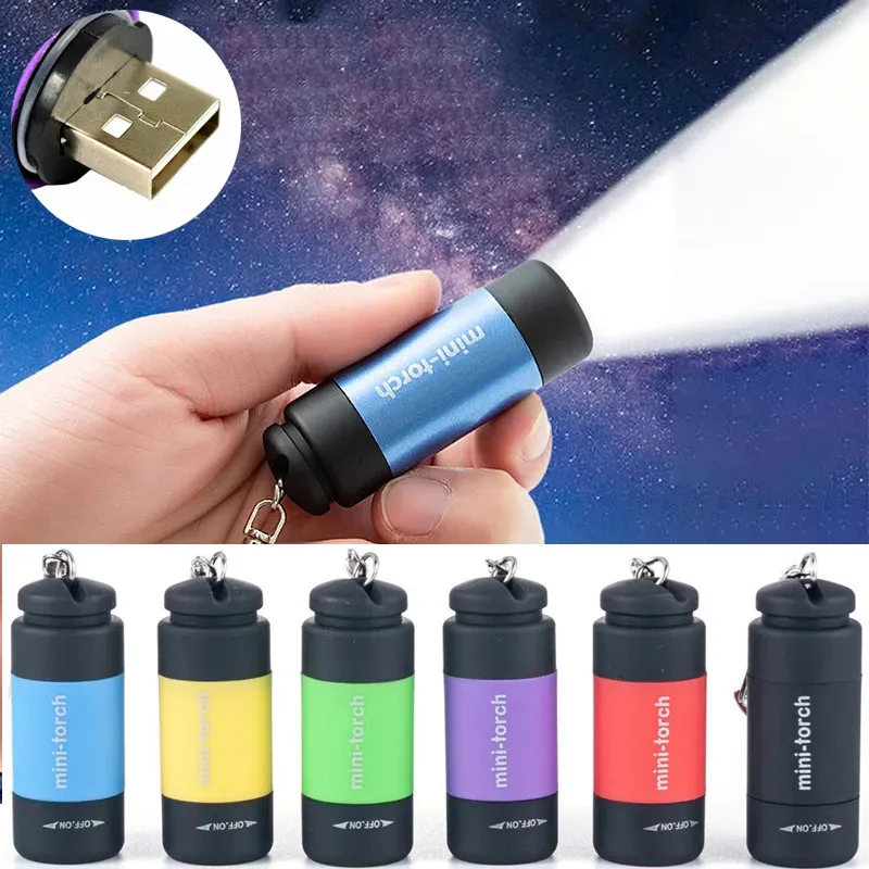 LED Mini Taschenlampe Licht USB Lade Wasserdichte Taschenlampe Outdoor Notbeleuchtung Schlüsselbund Lampe Wandern Camping Tragbare Beleuchtung