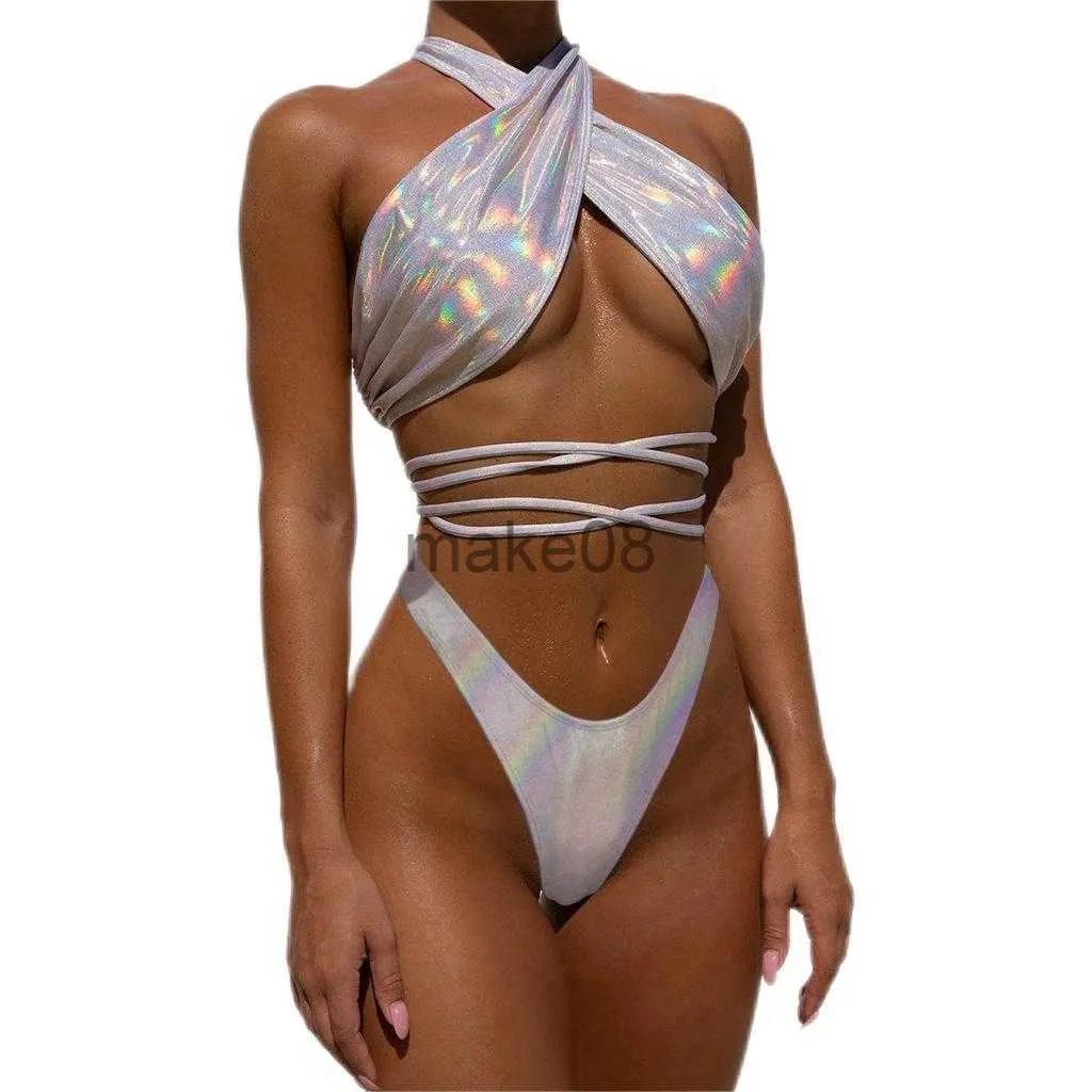 Women's Swimwear Sexy High Neck Cross Micro Bikini 2020 Sequin Silver Neon Green High Cut Push Up Swimsuit Women Lace Up Bandage Thong Swimwear J230704