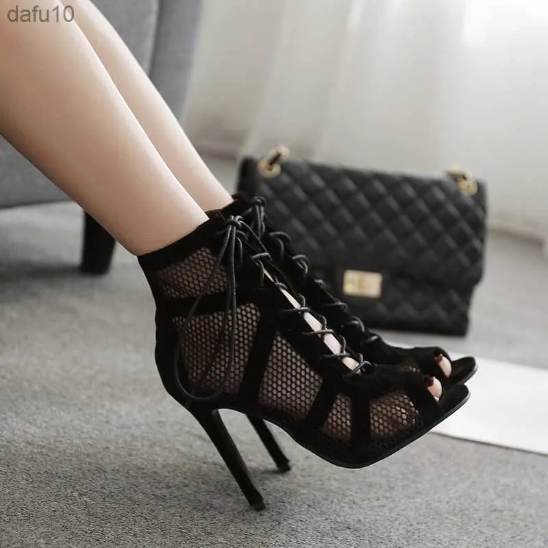 New Fashion Show Black Net Fabric Cross Strap Sexy High Heel Sandals Woman Shoes Pumps Lace-up Peep Toe Sandals Casual Mesh L230704