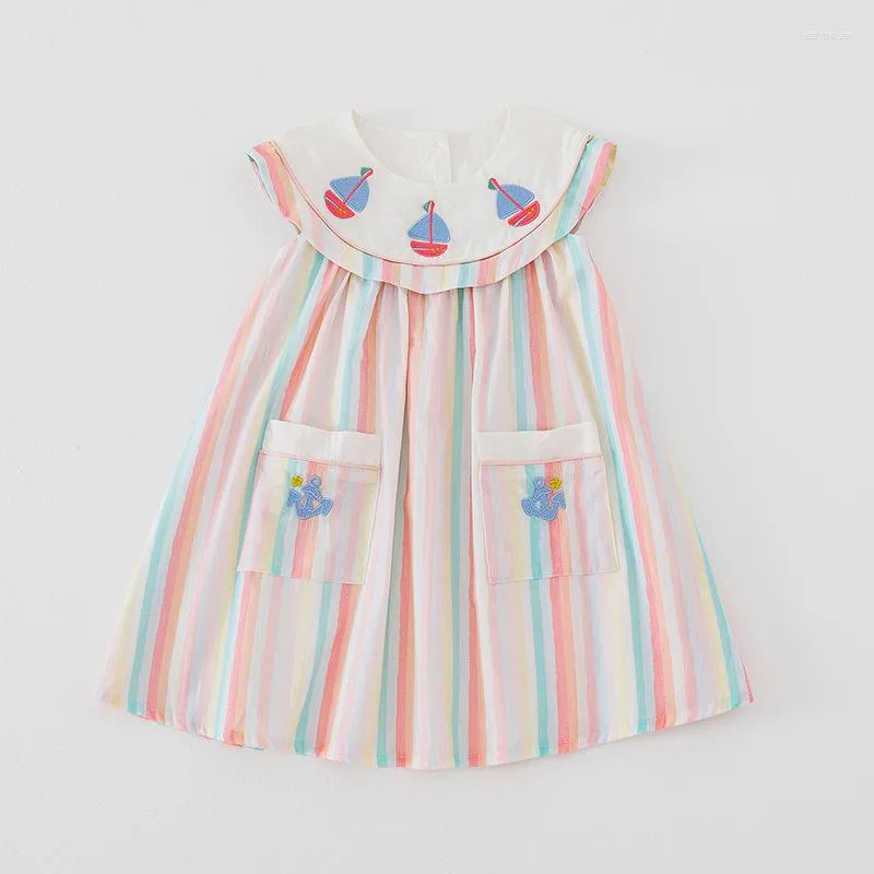 Robes de fille HoneyCherry Summer Girls Robe brodée à rayures colorées Vêtements mignons de style marine sans manches