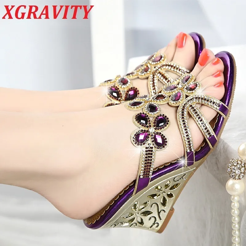 Sexy mode xgravity schoenen elegant bloemen ontwerp wig slippers echt lederen kristallen wiggen vrouw sandalen s